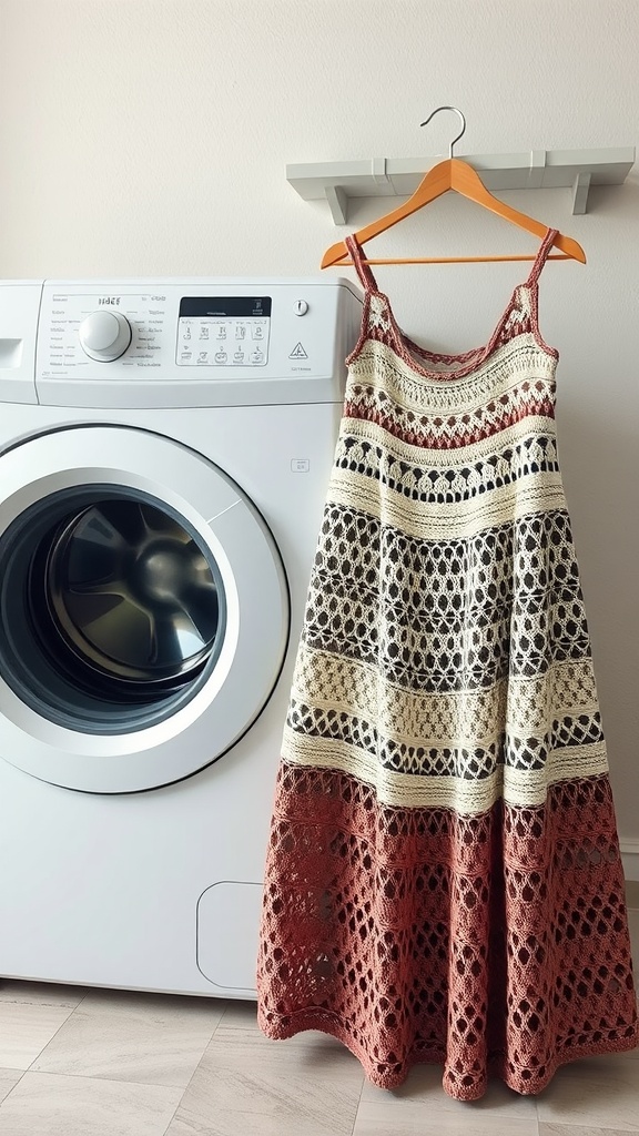 A crochet maxi skirt hanging next to a washing machine, emphasizing care instructions.