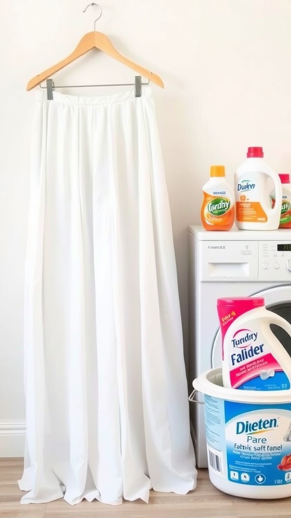 A white maxi skirt hanging on a wooden hanger in front of laundry products.