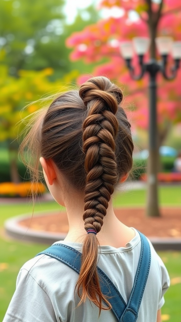 A girl with a bubble ponytail hairstyle standing in a colorful garden.