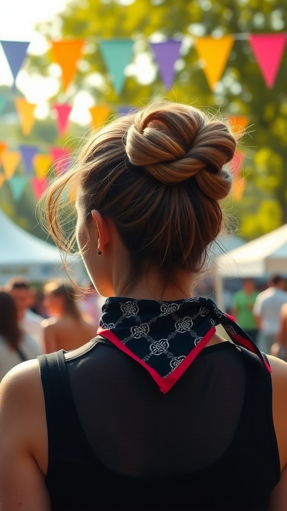 A stylish twisted updo hairstyle with a bandana, set against a festive background with colorful flags.