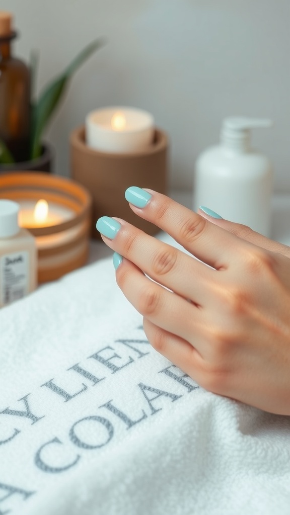 A hand with light blue almond nails resting on a towel, surrounded by candles and skincare products.