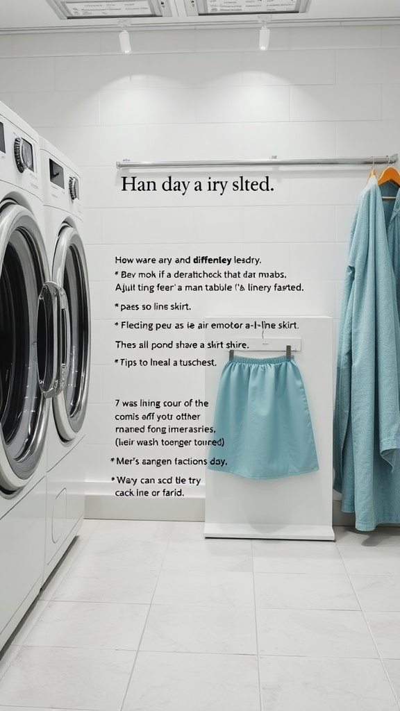 A light blue A-line skirt hanging in a laundry area next to washing machines.