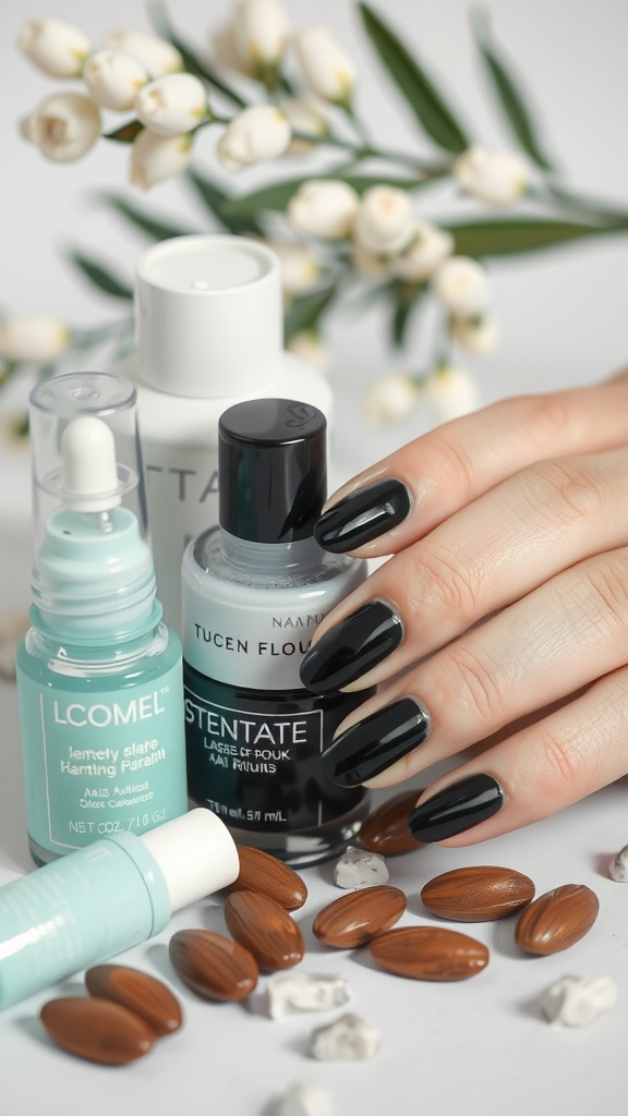 A hand with black almond nails, surrounded by nail care products and almonds.