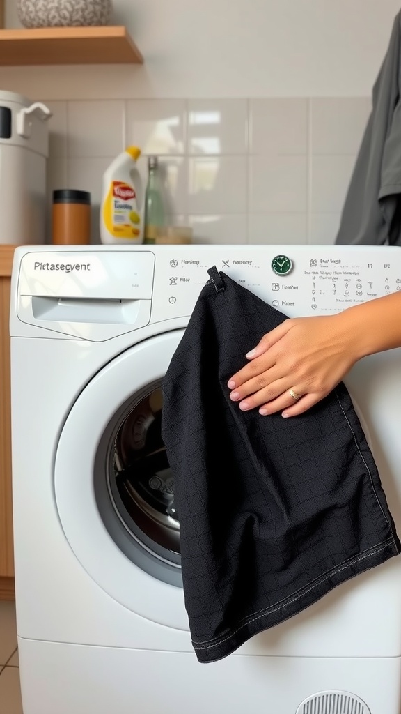 A person holding a black denim skirt near a washing machine