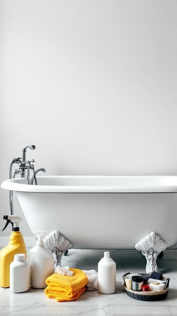 A clawfoot tub with cleaning supplies and towels arranged around it.