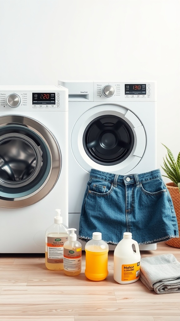 A short denim skirt beside washing machines and laundry products