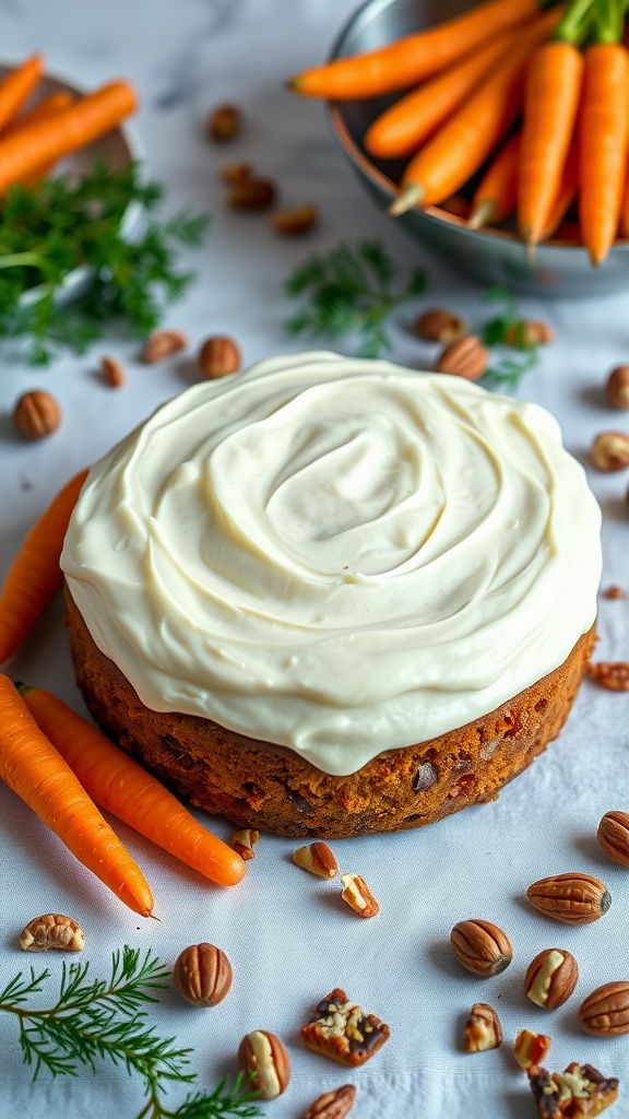 A delicious carrot cake dump cake topped with cream cheese frosting, surrounded by fresh carrots and nuts.