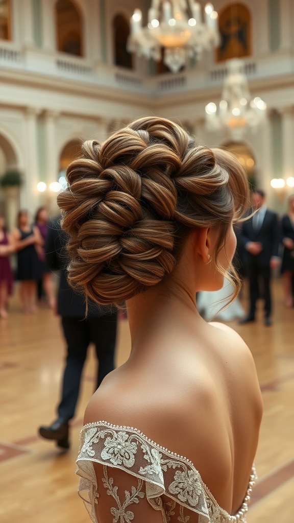 An elegant cascading curls updo hairstyle, highlighting intricate curls and a graceful design.