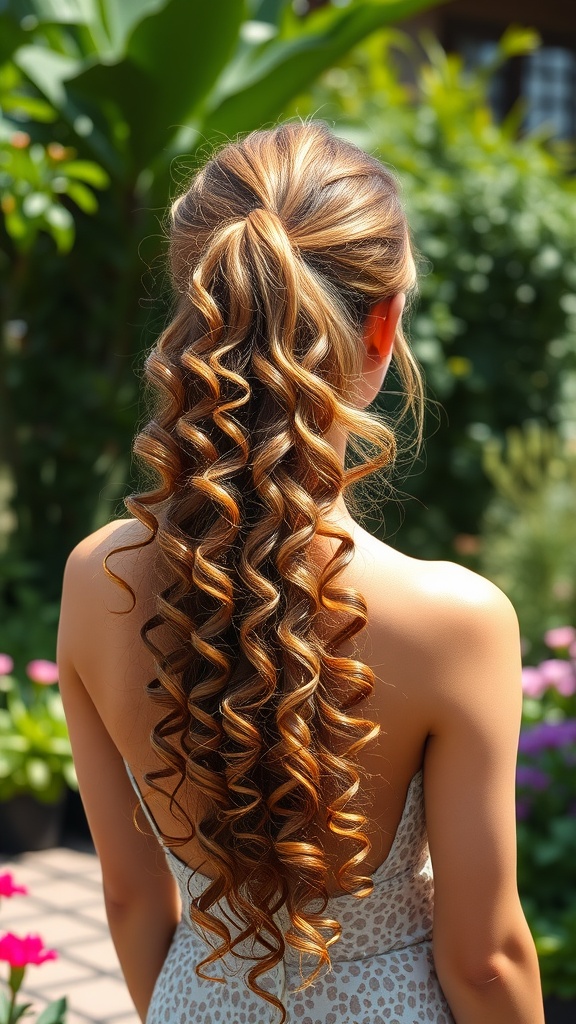 A woman with a cascading curly ponytail, showcasing long, defined curls.