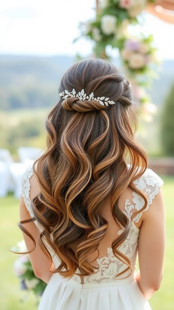 A bride with cascading loose waves styled with a sparkling hairpiece, showcasing a romantic look.