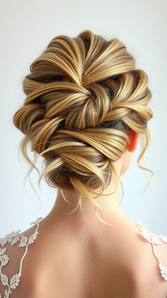 A cascading twist updo hairstyle with loose strands, showcasing twisted sections of hair piled elegantly on top.