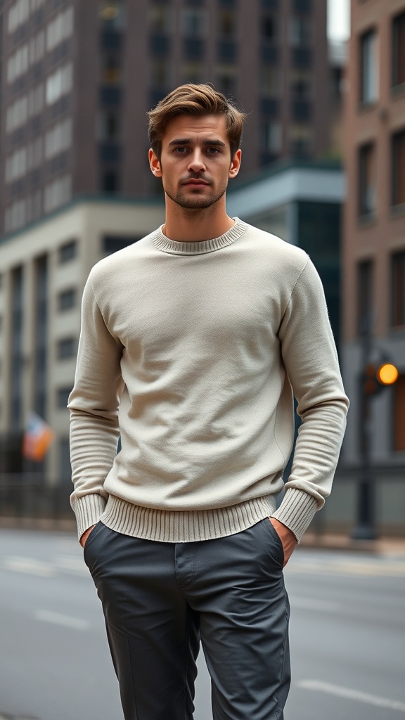 A man wearing a light cashmere crewneck sweater and tailored gray pants, standing on a city street.