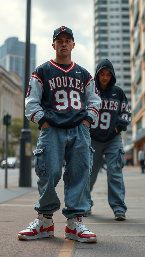 Two individuals in casual 90s hip-hop outfits, featuring oversized jerseys and baggy jeans on a city street.