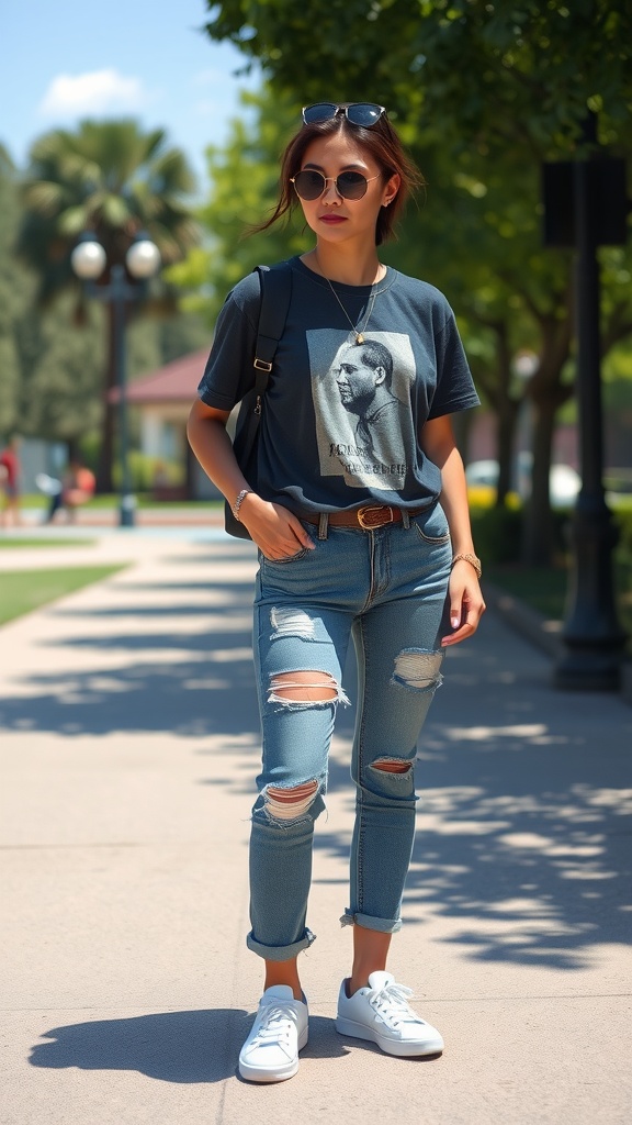 A young woman wearing a graphic tee, ripped jeans, and white sneakers, walking in a park