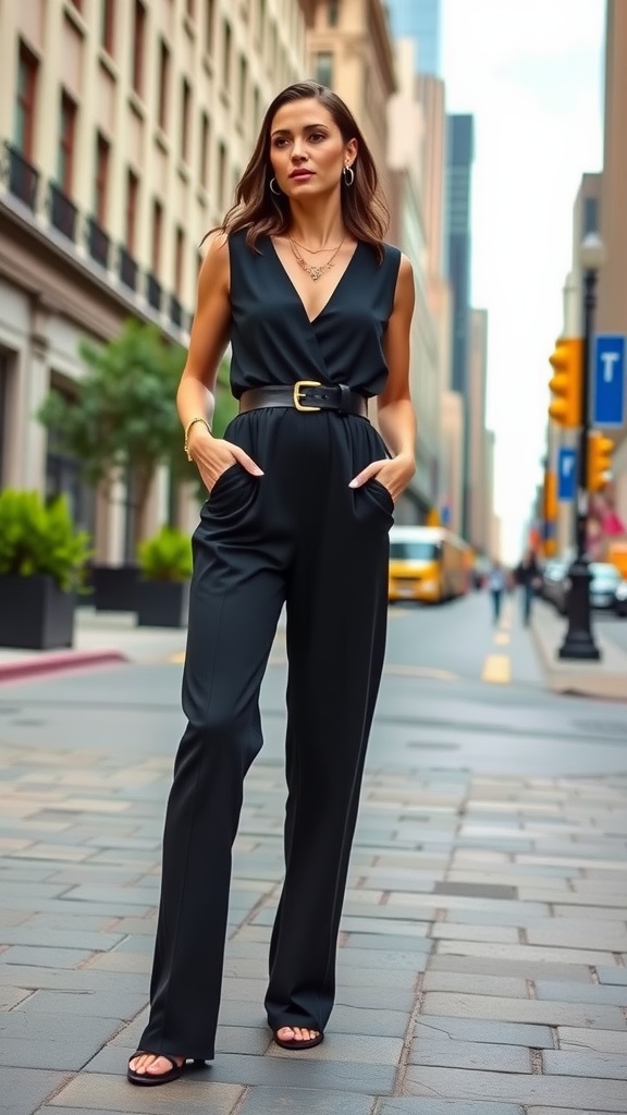 A woman wearing a black jumpsuit with a belt and accessories, standing on a city street.