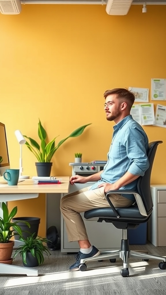 A young man in a light blue button-down shirt and beige chinos, sitting at a desk in an office with plants around.
