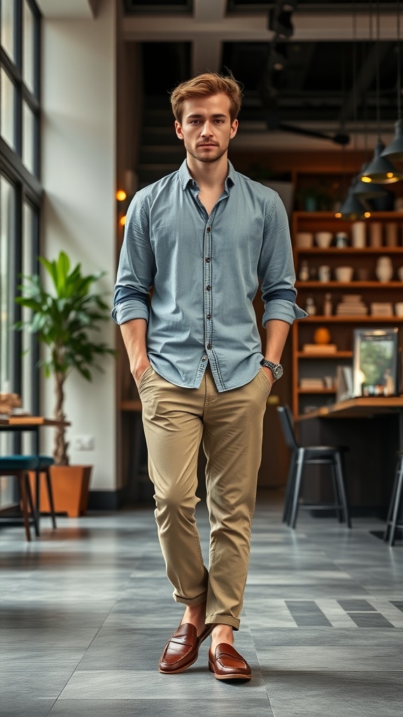A young man in a casual button-up shirt with rolled sleeves, beige pants, and loafers, standing in a modern café.