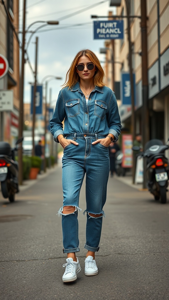 Woman in a denim jumpsuit with ripped knees and white sneakers walking confidently on a city street.