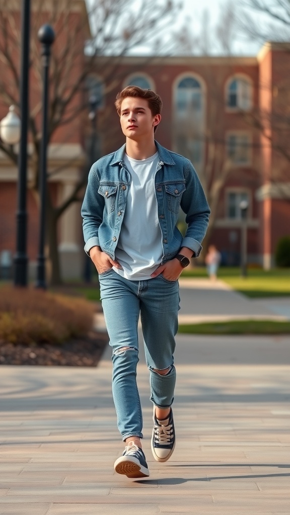 A young man walking on a college campus wearing a denim jacket, white t-shirt, and light blue jeans.