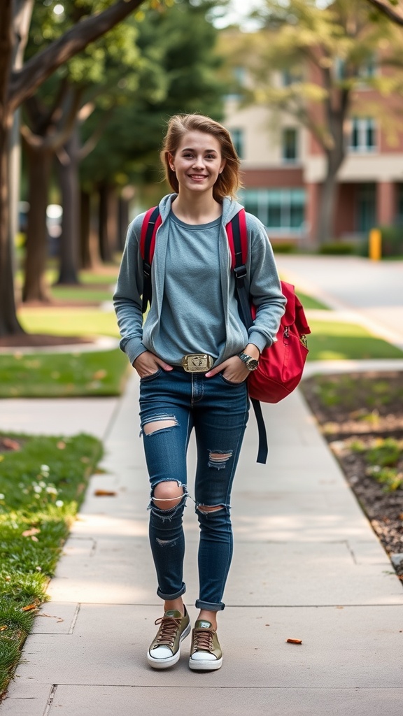 A student wearing a gray hoodie, ripped jeans, and sneakers, walking on campus with a red backpack.