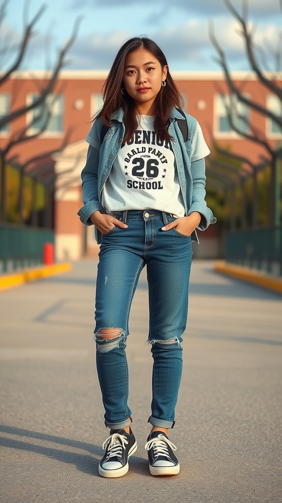 A student wearing a graphic tee, denim jacket, ripped jeans, and sneakers, standing outside a school.