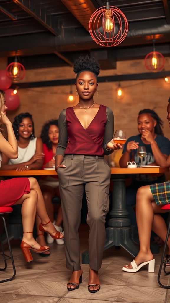 A stylish black woman in tailored pants and a color-block top, standing confidently at a birthday gathering with friends.