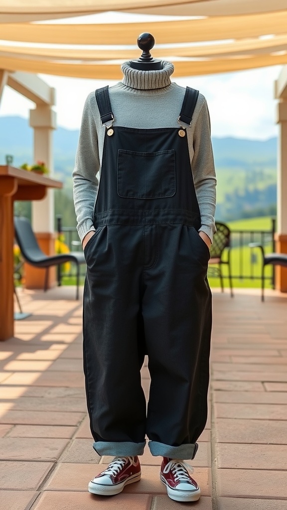 A mannequin dressed in black overalls and a grey turtleneck, paired with red and white sneakers, set in a sunny outdoor space.