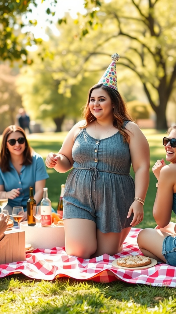 A woman in a blue romper celebrates her birthday outdoors with friends, wearing a party hat and enjoying a casual picnic.