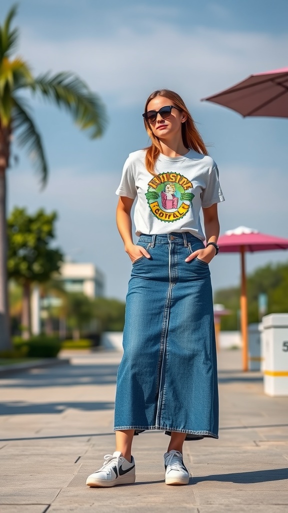 A young woman wearing a graphic tee and a long jean skirt, standing on a sunny street with palm trees.