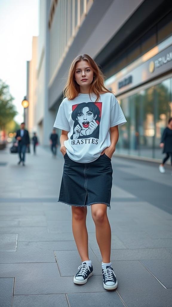 A woman wearing a graphic tee and a black denim skirt, standing on a city street.