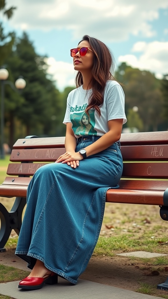 A woman sitting on a bench wearing a graphic tee and denim maxi skirt.