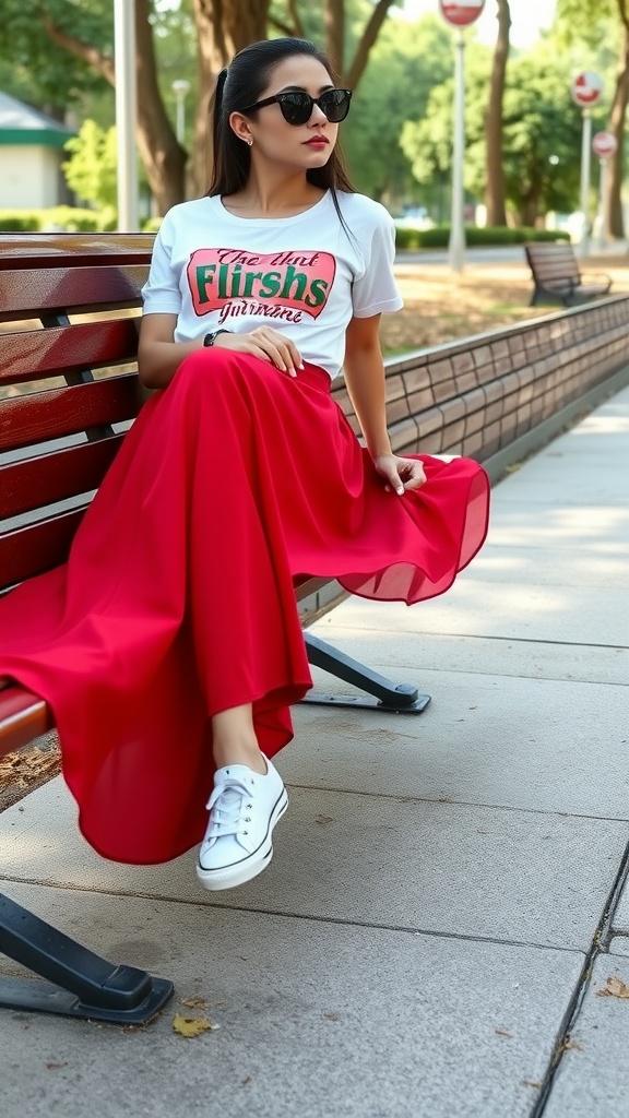A woman in a red maxi skirt and graphic tee sitting on a park bench, wearing sunglasses and white sneakers.