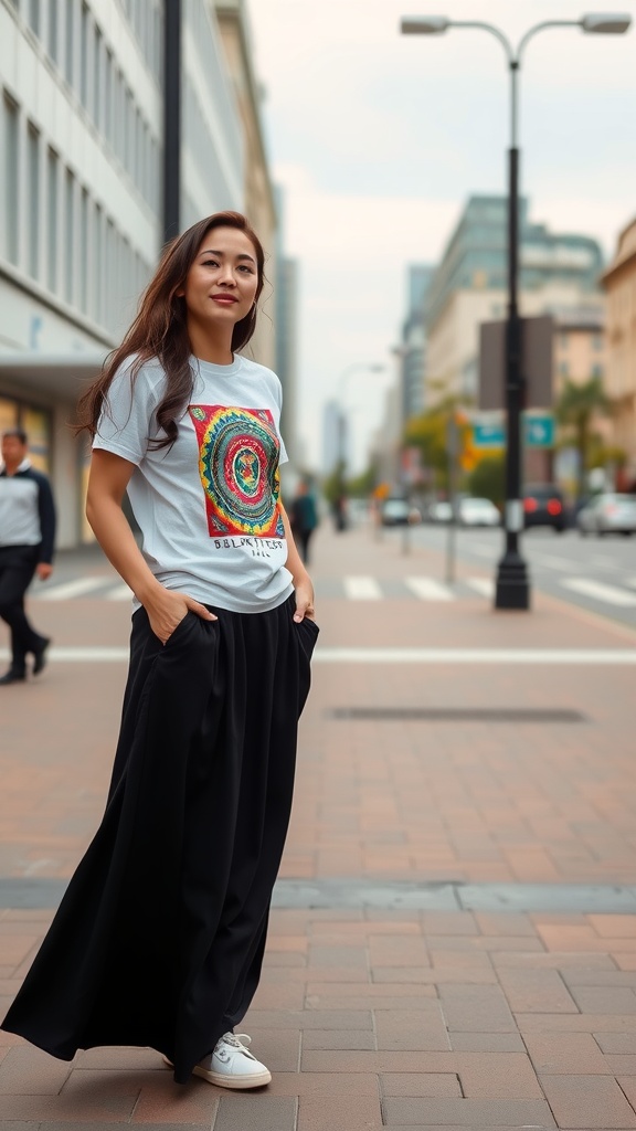 A woman in a graphic tee and black maxi skirt stands on a city street.