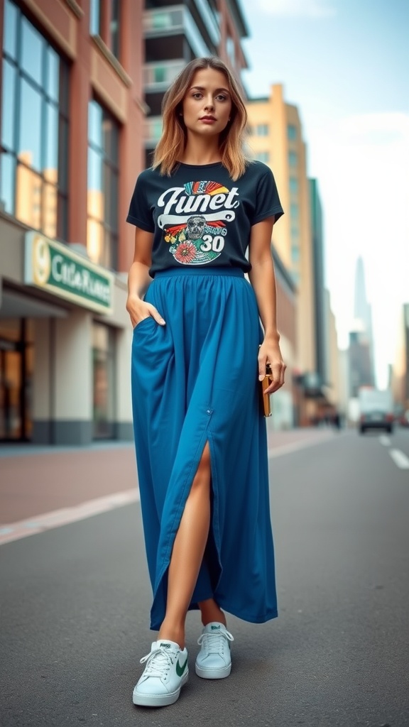 A woman wearing a graphic tee and a blue maxi skirt, standing on a city street, showcasing casual chic fashion.