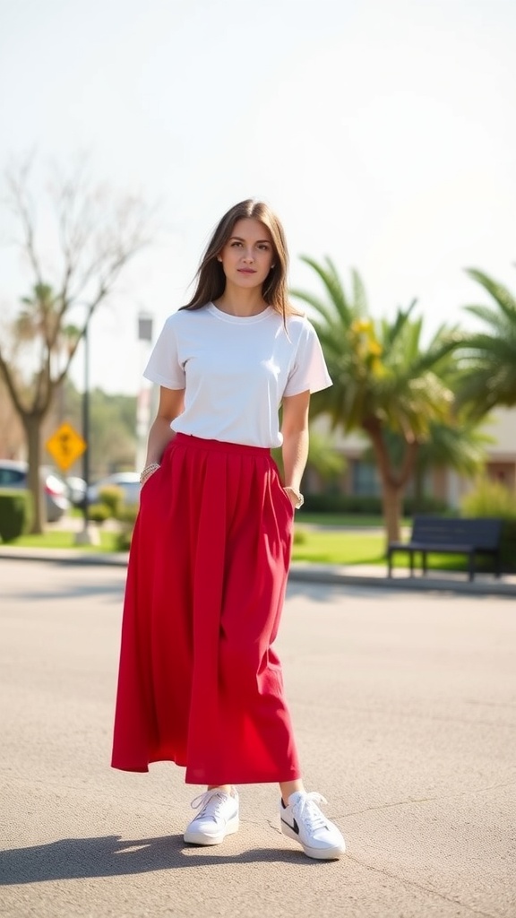 A woman in a white t-shirt and a red maxi skirt stands confidently on a street with palm trees in the background.