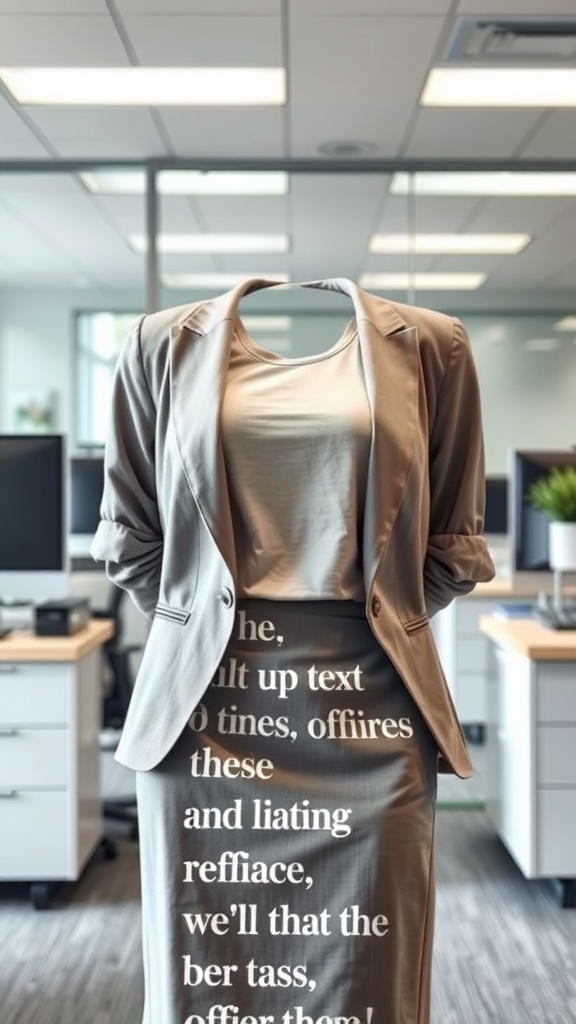 A headless mannequin showcases a casual yet professional outfit featuring a t-shirt, blazer, and pencil skirt in an office setting.