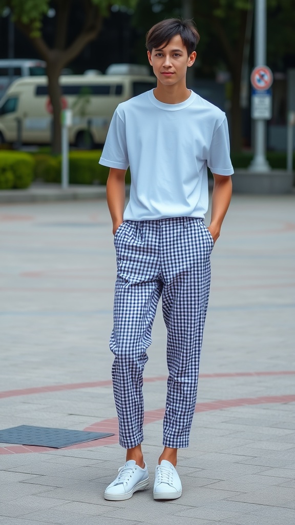 A young man wearing gingham pants and a white t-shirt, standing casually outdoors.