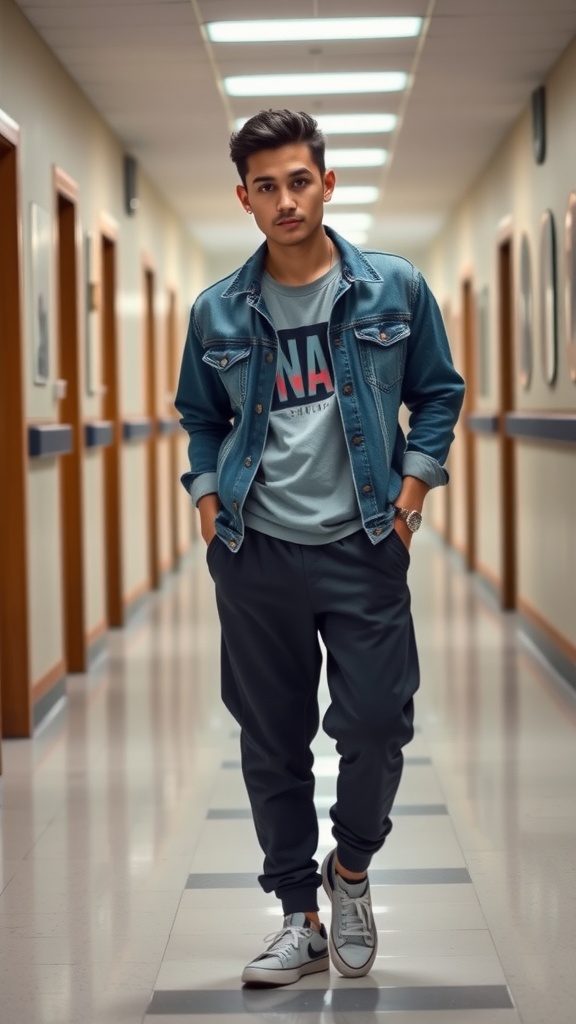 A young man wearing a denim jacket over a graphic t-shirt and joggers, standing in a school hallway.