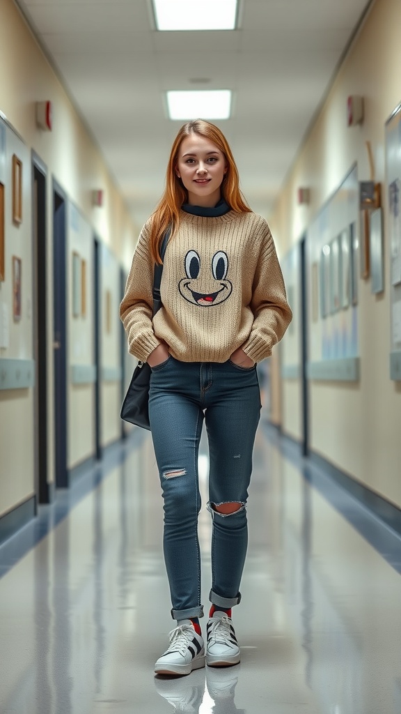 A young woman in a beige oversized sweater with a smiley face, wearing skinny jeans and white sneakers, walking in a school hallway.