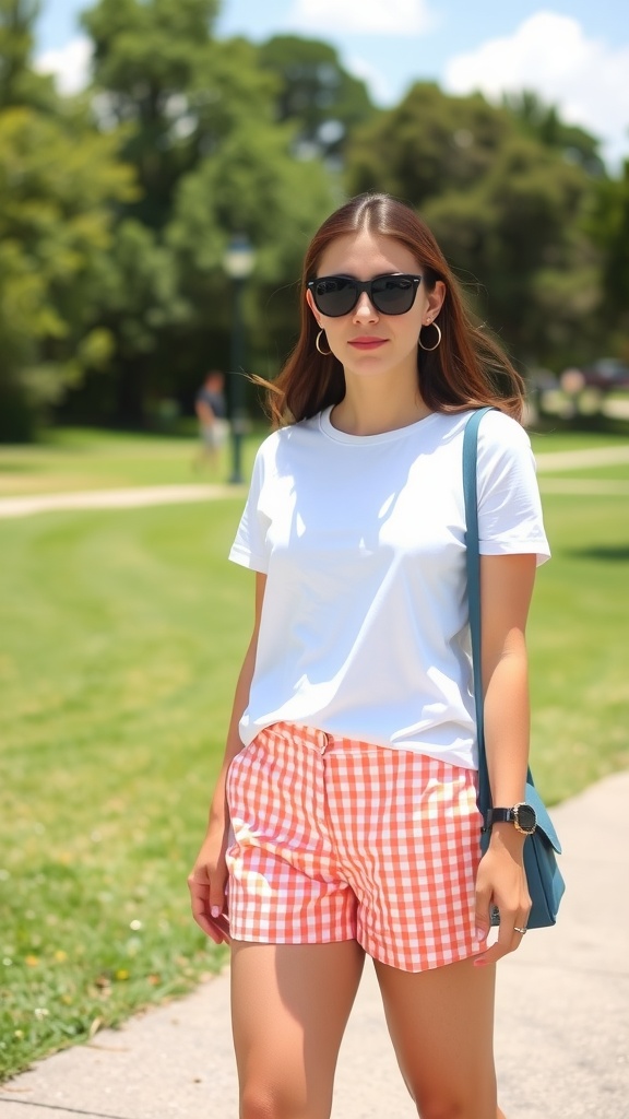 A woman wearing gingham shorts and a white tee, standing in a sunny park