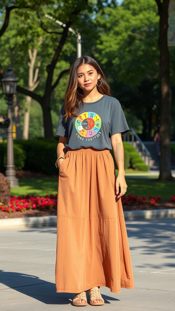 A woman wearing a brown maxi skirt and graphic tee, standing in a park.