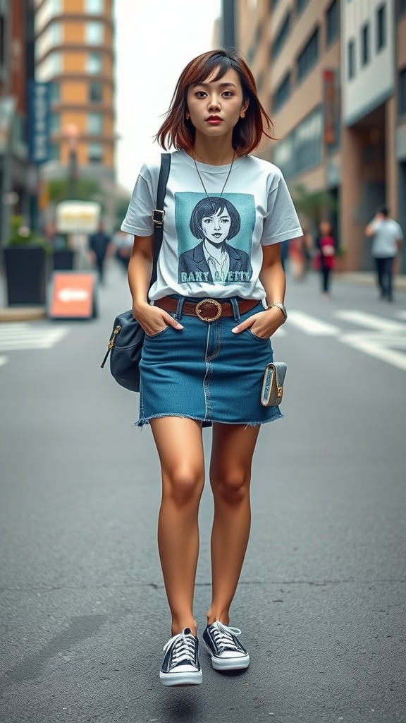 A young woman wearing a graphic tee and denim skirt, walking on a city street.