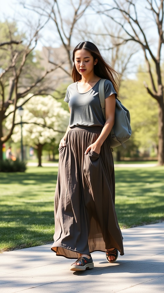A woman in a gray top and brown maxi skirt walking in a park.