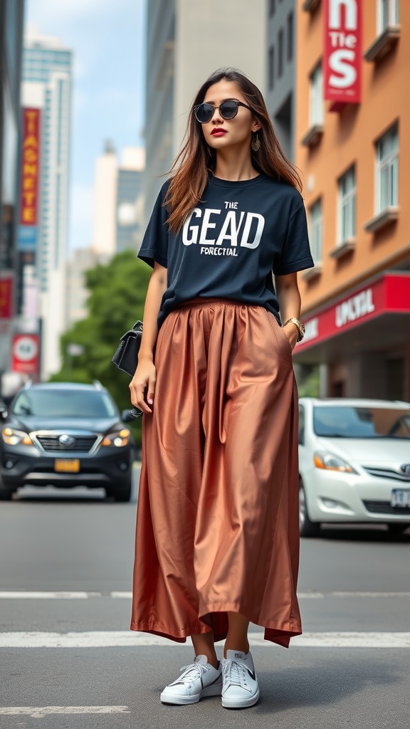Woman wearing a silk maxi skirt and a graphic tee on a city street.