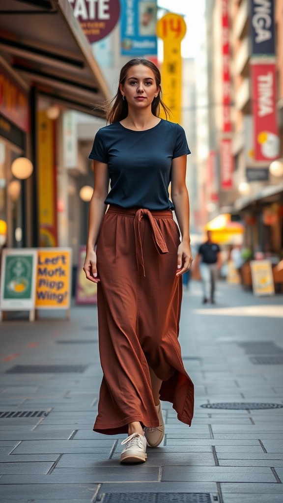 Woman walking in a brown maxi skirt and navy t-shirt in a city street.