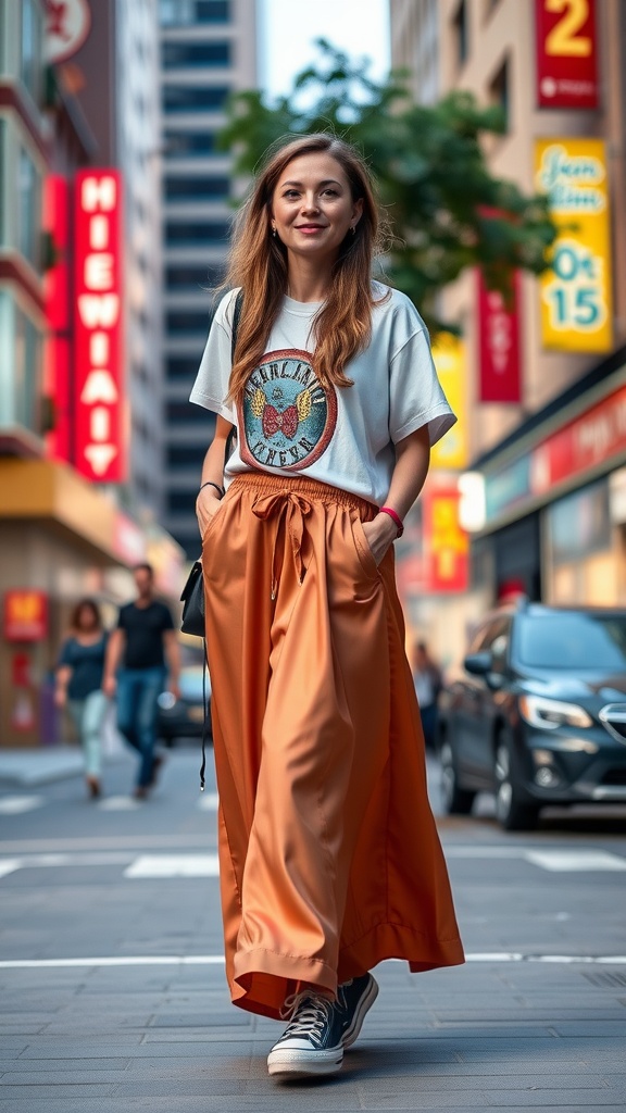 A woman wearing a silk maxi skirt and a casual t-shirt, walking down a vibrant city street.
