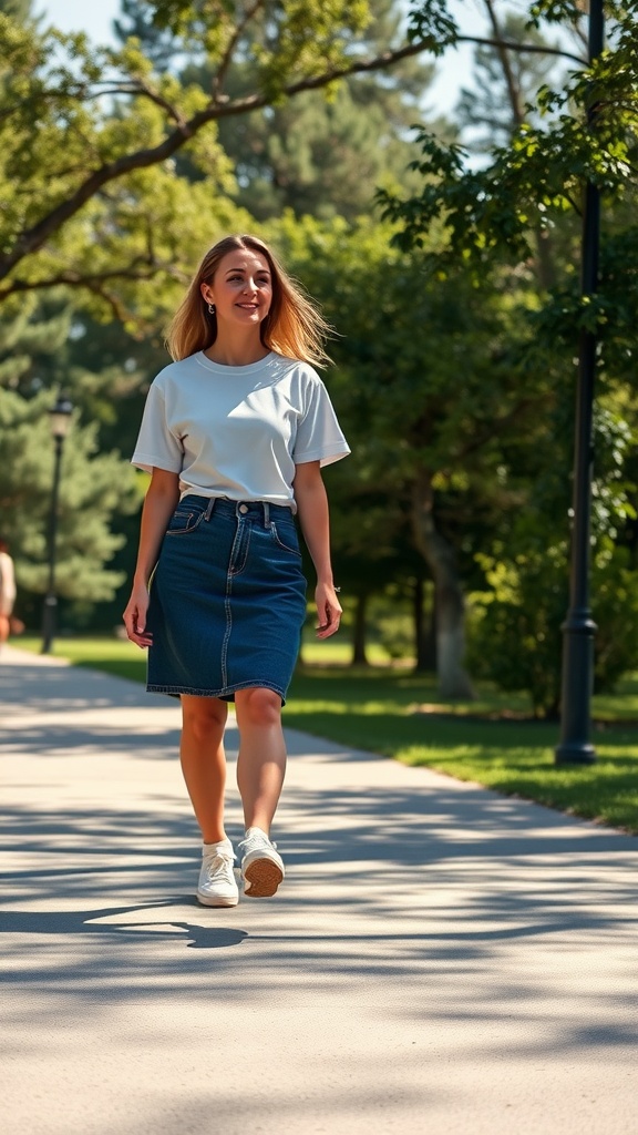 A woman walking in a sunny park wearing a white t-shirt and a denim skirt with sneakers.