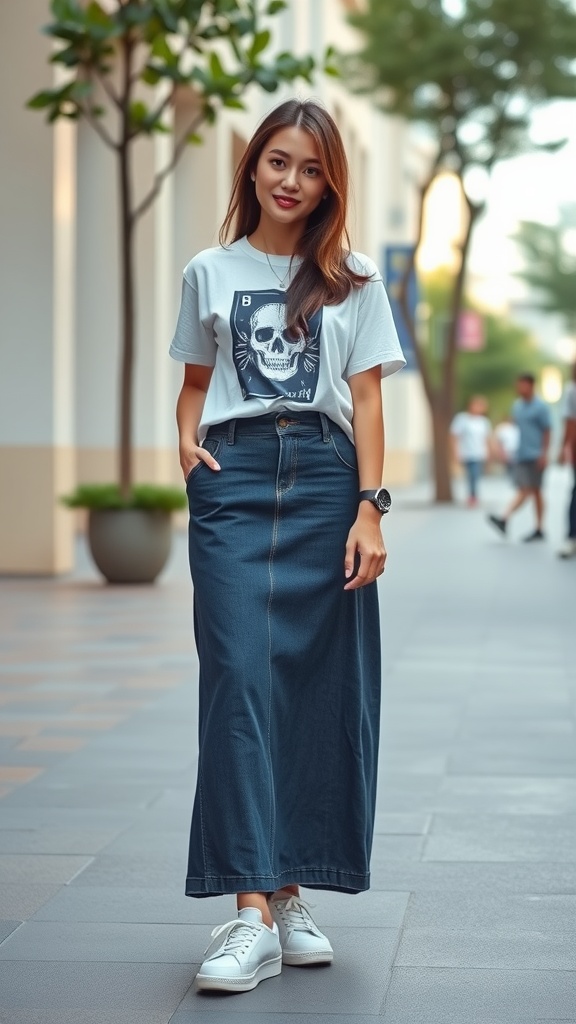 Woman in a casual outfit featuring a long denim skirt and a graphic t-shirt, standing outdoors.