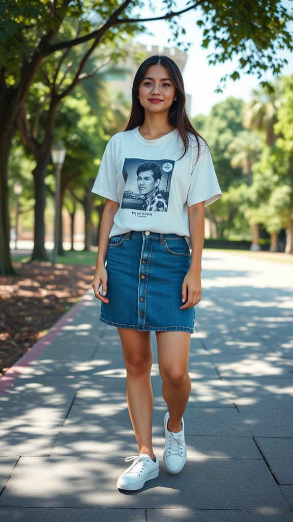 A young woman walking down a path in a denim skirt and graphic tee with white sneakers, surrounded by trees.