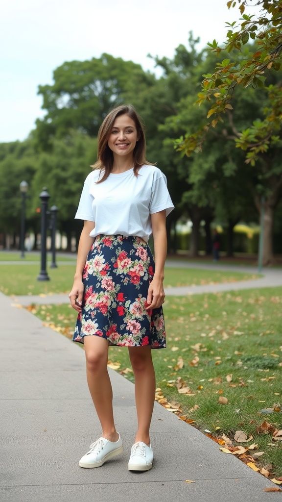 A woman wearing a floral A-line skirt and a white t-shirt, smiling outdoors.